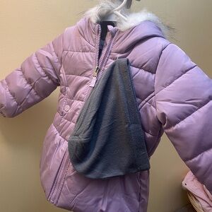Purple Puffer Jacket with Gray hat